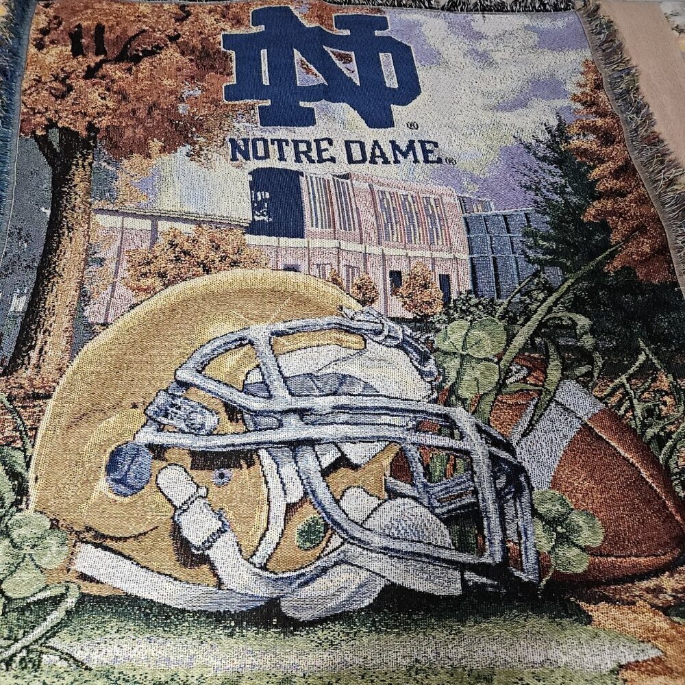 Vintage NCAA Notre Dame ND Football Tapestry Throw Blanket 45" x 55" Helmet 90s